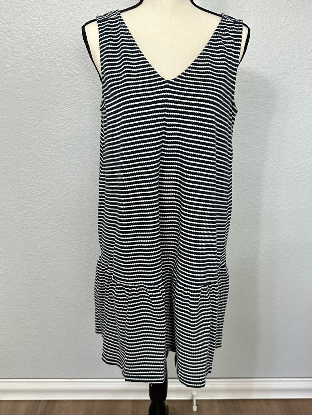 LOFT Women Midi Dress Size L Striped  Drop Waist Waffle Nautical Coastal Preppy